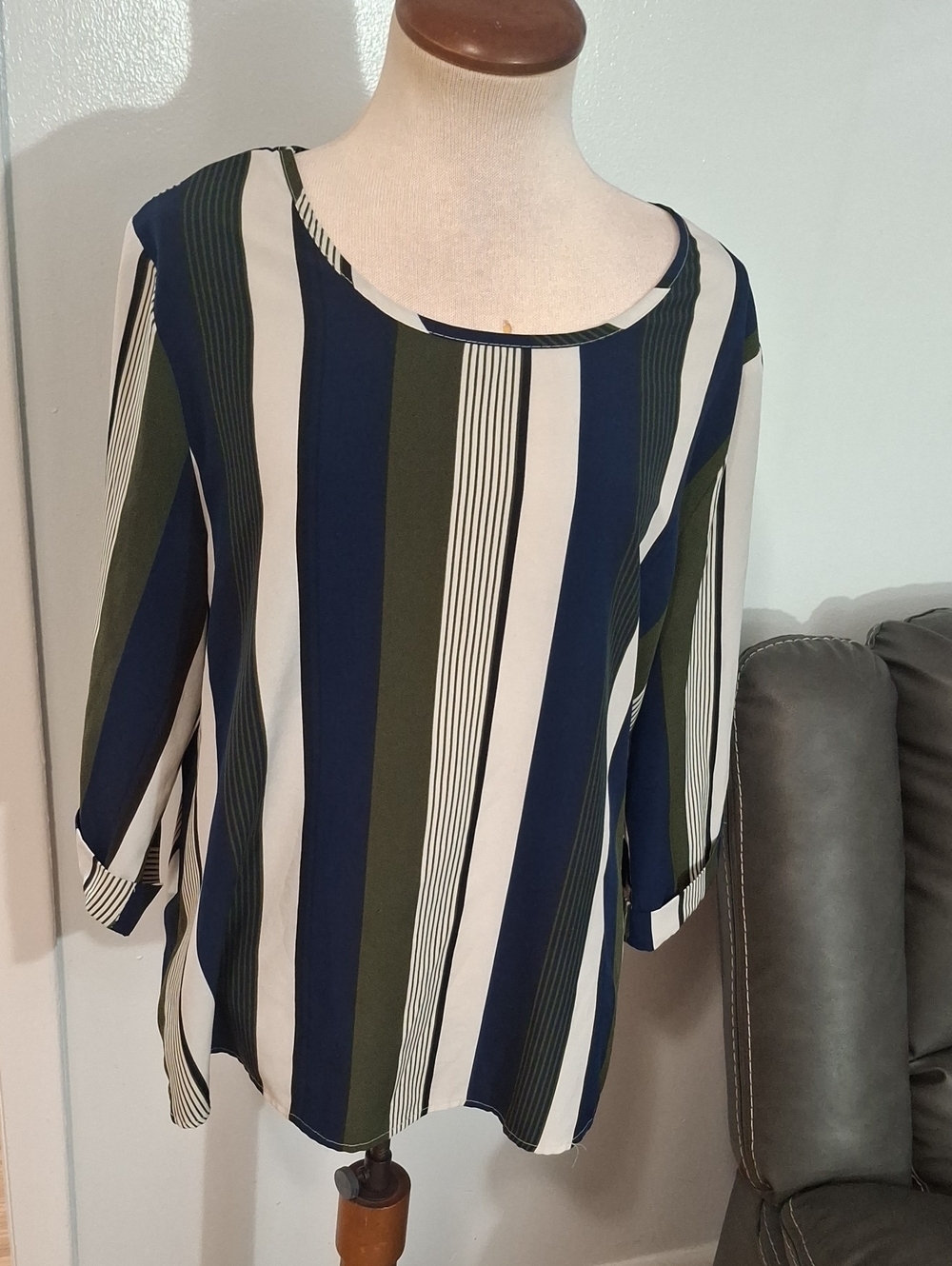 SHEIN Navy, Olive & Cream Vertical Stripe Boatneck Blouse- W Sz 12